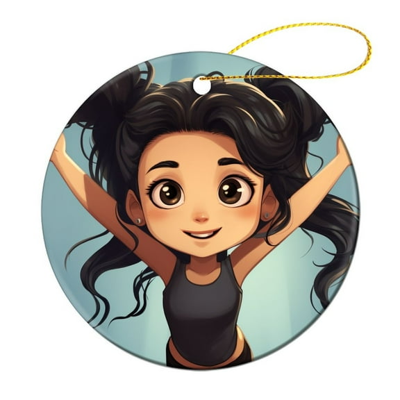 Black Haired Gymnast Girl Gymnastics Ceramics Ornaments Gymnastics Lovers 3" Circle Ceramic Ornament Christmas Xmas Tree Ornament Decoration Hanging Pendant Decor Funny Gifts for Women/Men