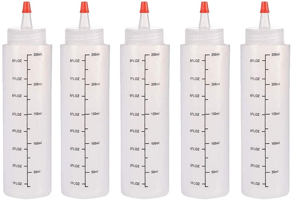 5 Piece Squeeze Condiment Bottles, 8 oz/250 ml  Round Squeeze Bottle with Red Cap, Plastic Squeeze Bottles for for Sauce, Ketchup, BBQ, Dressing