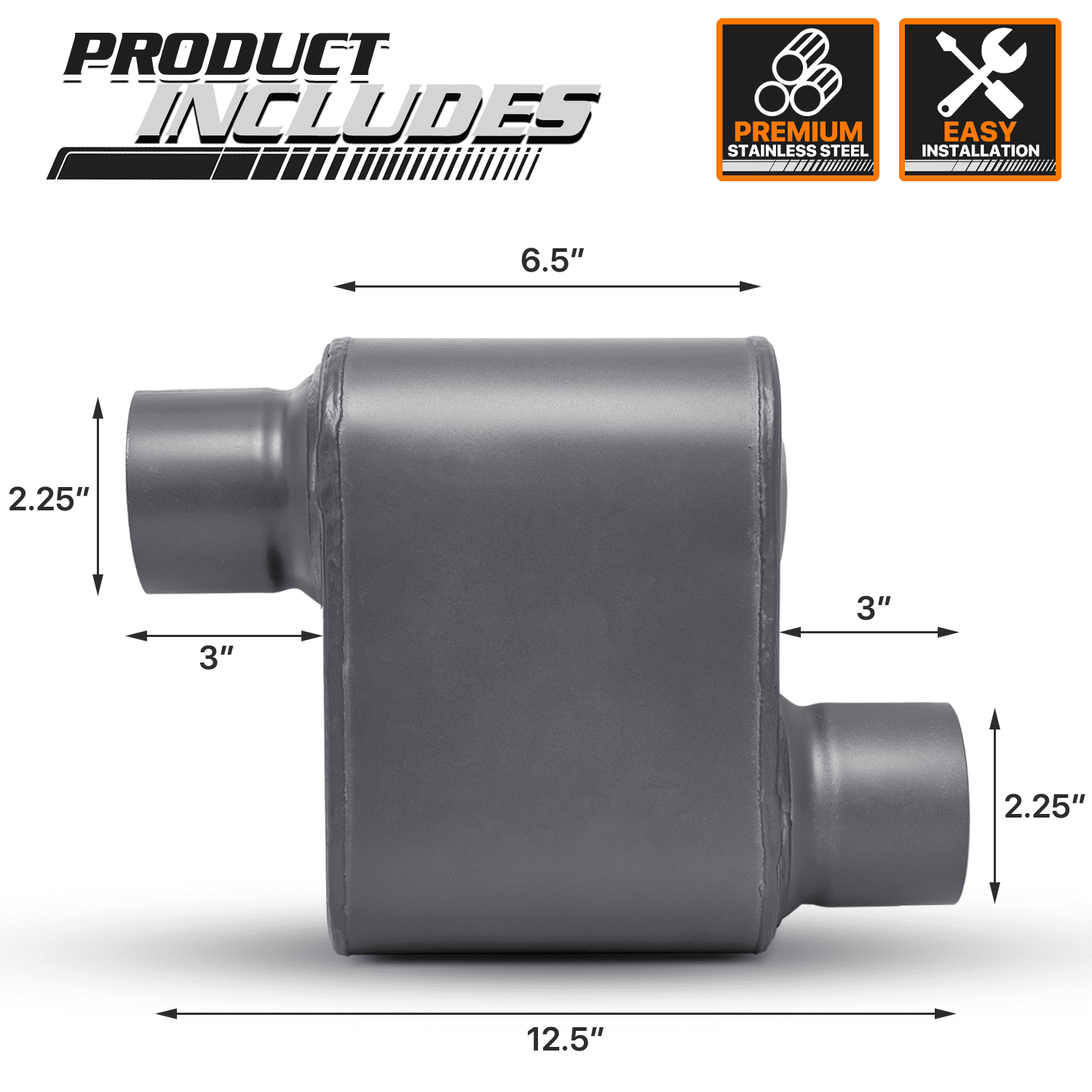 M-AUTO 2.25 Inch Inlet/Outlet 1Pair Chambered Exhaust Muffler Straight-Through Stainless Steel Round Tip,Gray