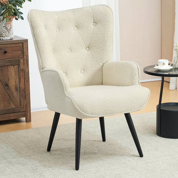 Furniliving Tufted Button Wingback Chair Upholstered Sherpa Accent Chair with Wide Arm Modern Leisure Club Chair, Lvory white
