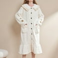 thumbnail image 2 of Defitshape Women's Long Sleeve Robe Winter Soft Fuzzy Plush Button Down Housecoat Floral Warm Fluffy Fleece Ruffle Frill Nightgown Cute Cozy Duster Robe Loungewear White Medium, 2 of 4