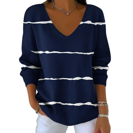 Lopecy-Sta Women s Casual Striped V-Neck Long Sleeve Top Loose Versatile Knit Sweater for Daily Work & Casual Outfits Navy 5XL
