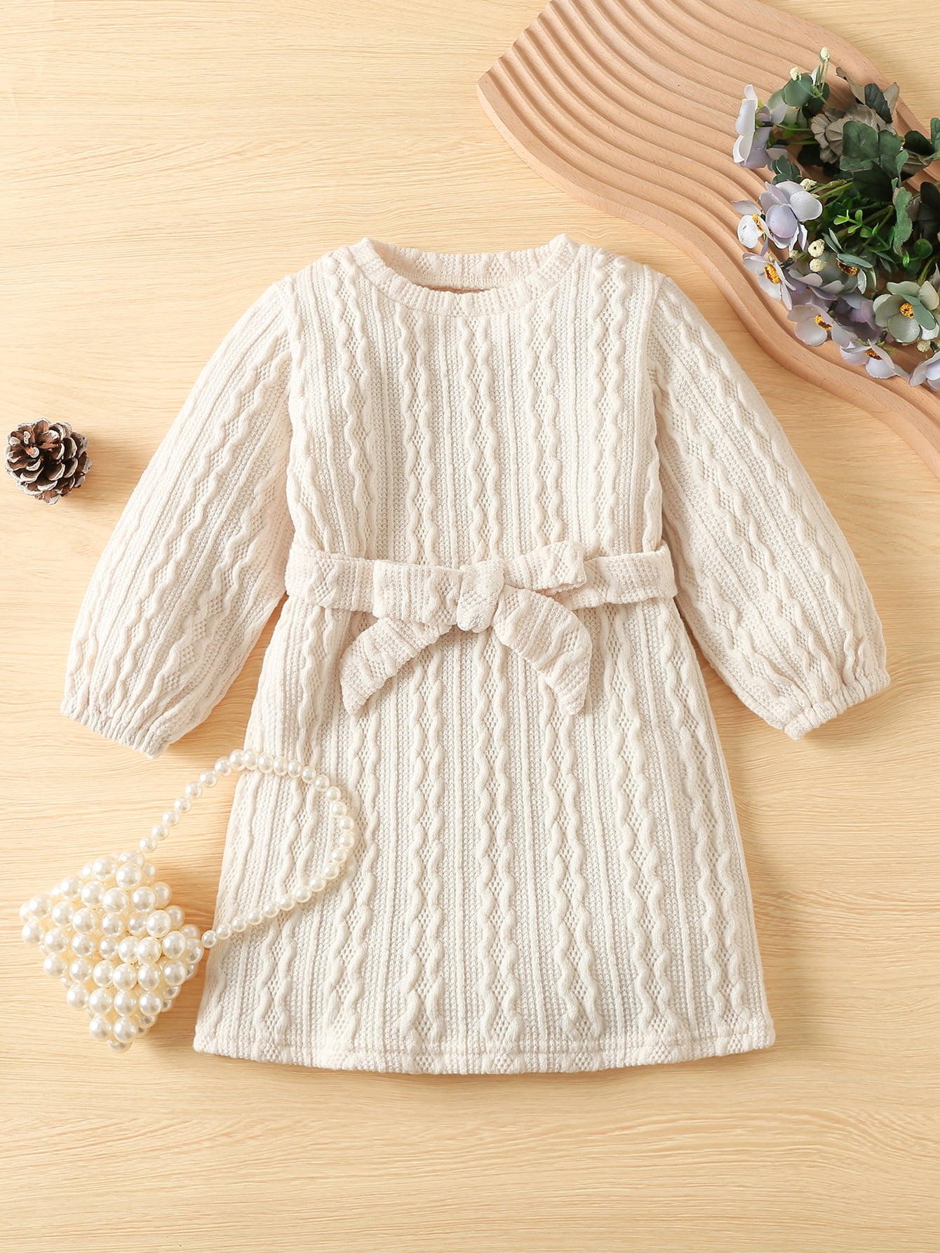Baby Cable Knit Belted Dress Apricot 