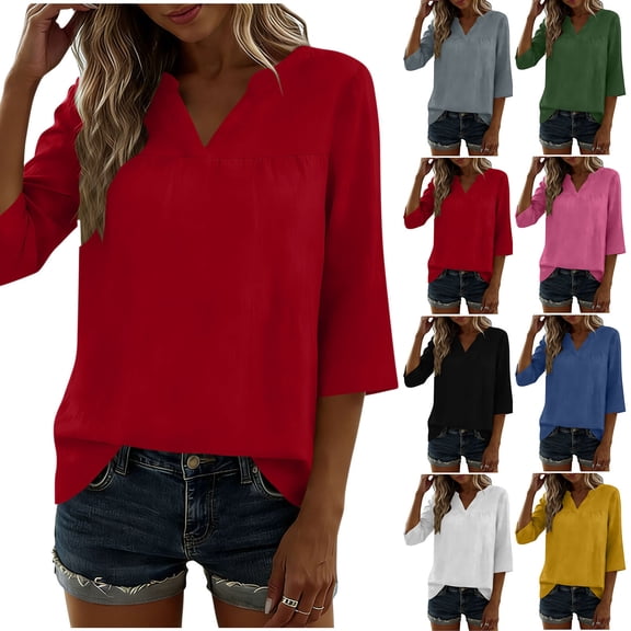 Jsaierl Womens 3/4 Sleeve Cotton Linen Tops Summer V Neck Shirts Dressy Solid Ladies Blouses Going Out Elegant Tunic Top S-2XL