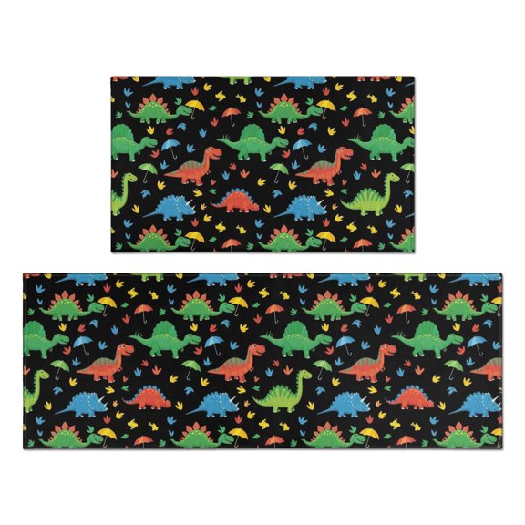 Dinosaur and Leaf Black Pattern Anti Fatigue Kitchen Rugs Set Of 2, Non Slip Washable Decorative Floor Mats for Kitchen Sink Laundry, 17"x30" and 17"x47"