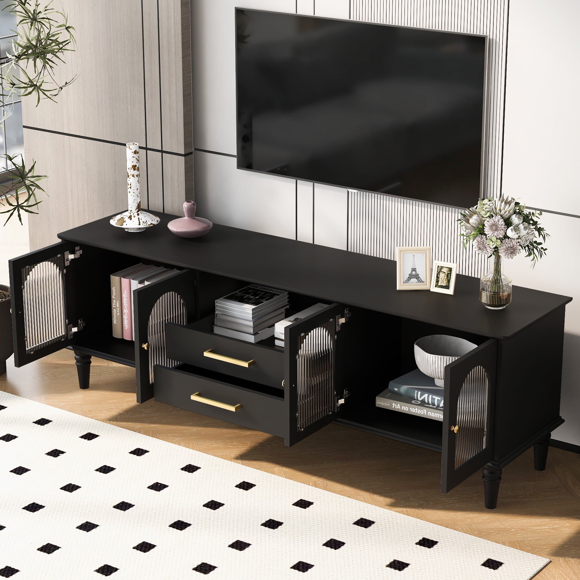 Harper & Bright Designs TV Stand with Fluted Glass Doors for 75 inch TV, TV Storage Cabinet Table with Drawers, Wood Media Console Table with Solid Wood Legs for Living Room, Black