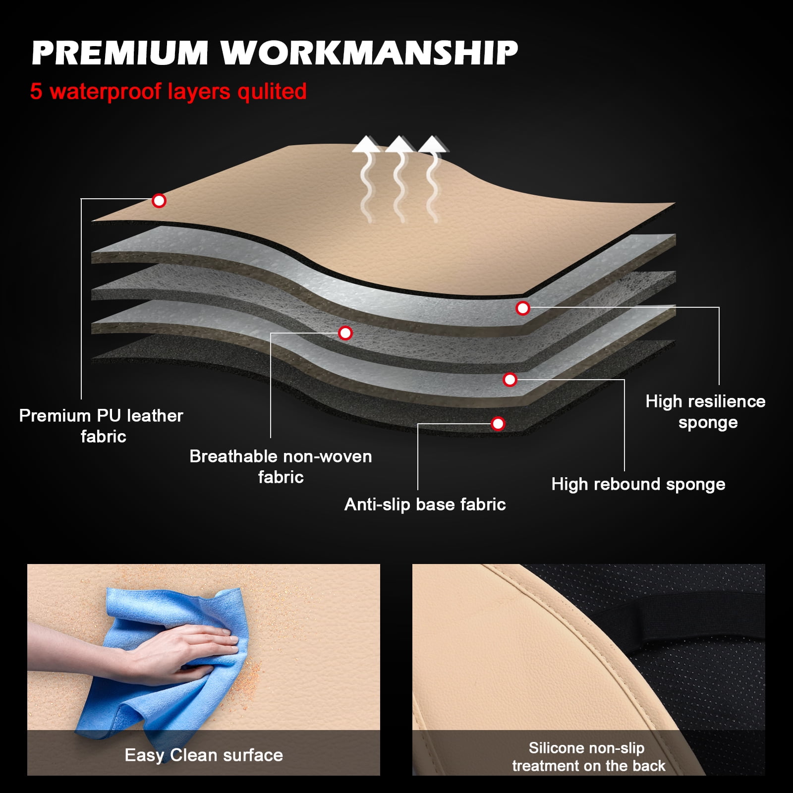 Ikon Motorsports Universal Car Seat Covers 04 Style Beige PU Leather Front Second Row Auto Seat Cover Cushion Protectors 5-Seat Full Set