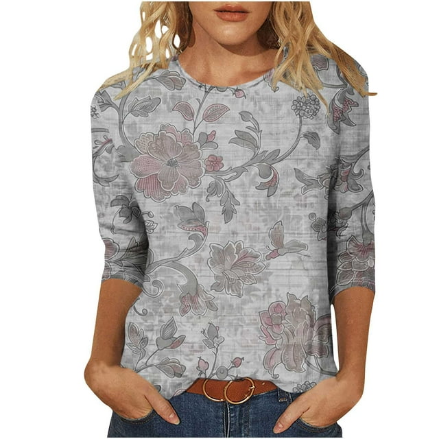 Htigea T-Shirts Grande Taille pour Femmes Manches 3/4 Vintage Hauts Décontractés Col Rond Tunique Doux Confortable Chandail Gris,S