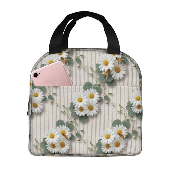 Daisy Insulated Lunch Bag Reusable Lunch Box For Women Men Floral Bee Pattern Leakproof Thermal Meal Prep Tote With Front Pocket For Work Office Picnic