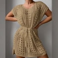 thumbnail image 4 of Crochet Coverups Beach Short Dress for Women Summer 2026 Cap Short Sleeve Tie Waist Swimsuit Bikini Cover Up (One Size, Khaki), 4 of 8