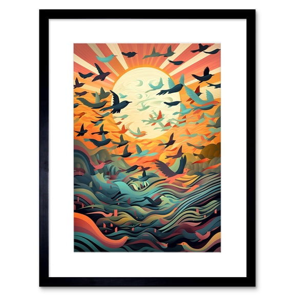Flock of Birds Flying at Sunrise Modern Folk Art Artwork Framed Wall Art Print 9X7 Inch