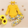 thumbnail image 2 of ZHUASHUM Baby Outfits For Boys Girls Long Sleeve Solid Ribbed Romper Tops Flower Print Pants With Headbands Outfit Set Clothes 3Pcs Yellow,18-24 Months, 2 of 4