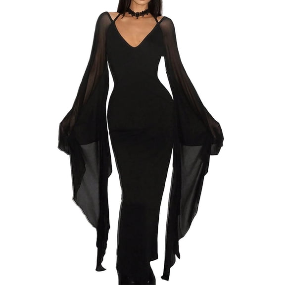 Xijirk Women's Gothic Cosplay Maxi Dress V Neck Halter Strap Sheer Flowy Long Sleeves Slim Fit Gown for Halloween Themed Party Role Play,Black,S