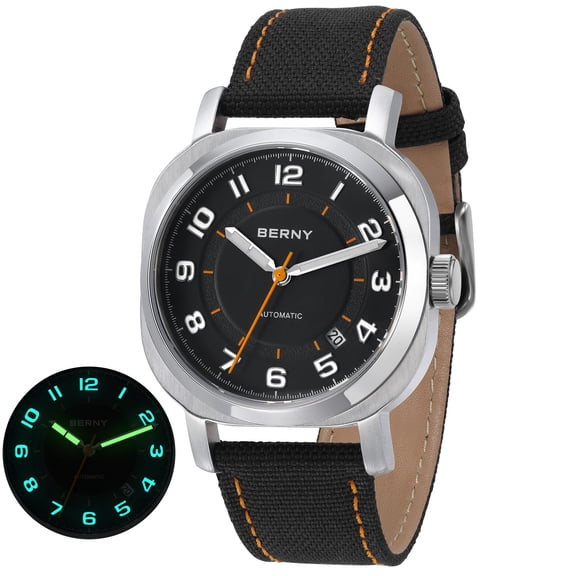 BERNY Automatic Watch for Men, Casual Sport 50M Waterproof Mechanical Wrist Watch with Fabric Strap, Super Luminous, Sapphire Glass, Date Calendar, Fashion Vintage Men's Watch, Black