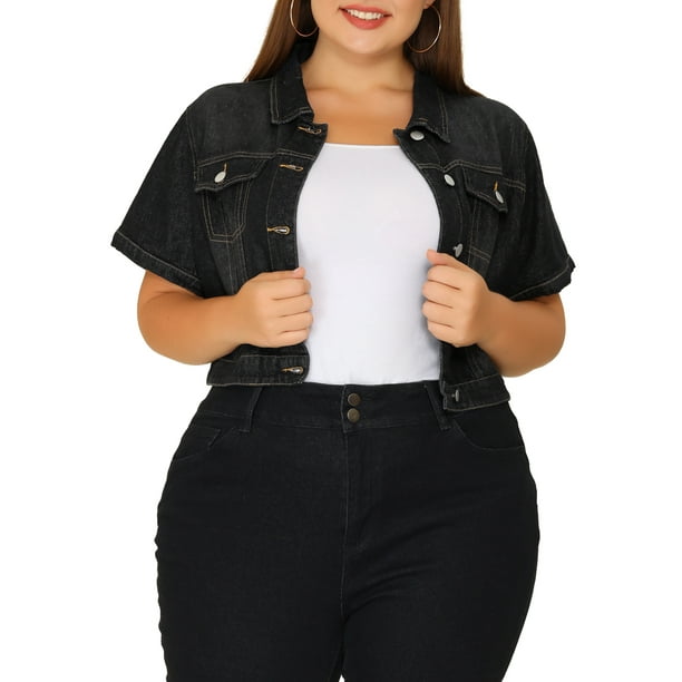 Chaqueta de mezclilla para mujer Agnes Orinda, talla grande, de manga corta, con botones, chaquetas de mezclilla recortadas 2X negra