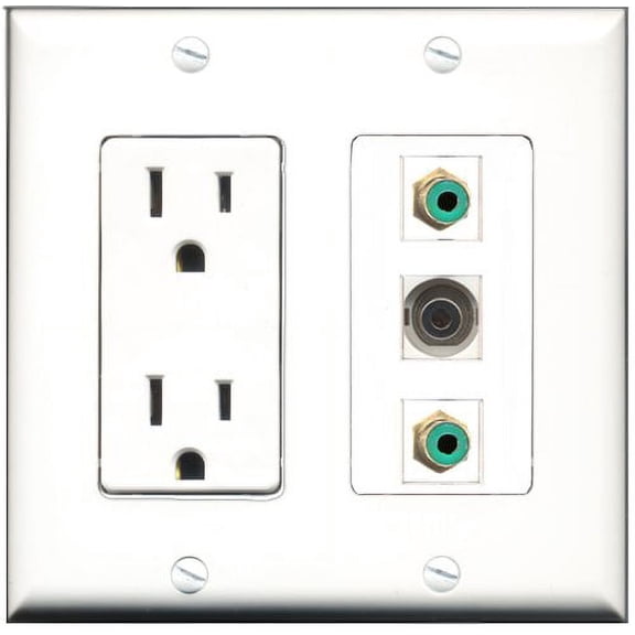 RiteAV - 15 Amp Power Outlet 2 Port RCA Green 1 Port 3.5mm Decorative Wall Plate