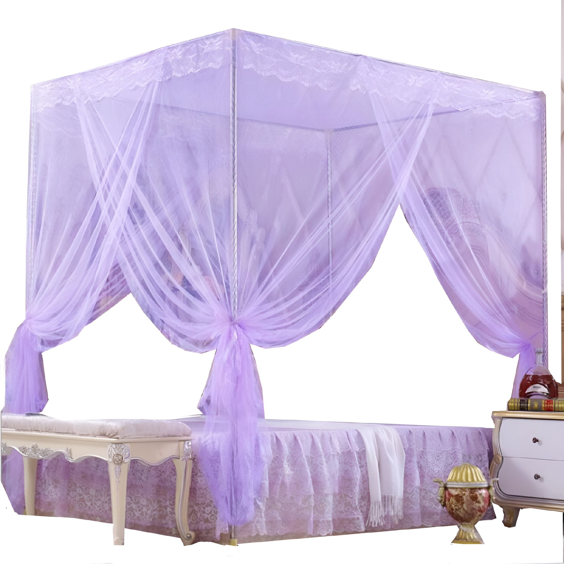 LAMIRO 4 Corners Post Pink Canopy Bed Curtain for Girls&Adults Cute Cozy Drape Square Netting 4 Opening Princess Bedroom Decoration (Queen Purple)