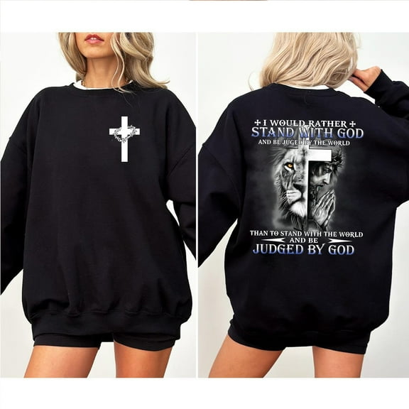 “Stand With God” Christian Sweatshirt – Bold Lion & Cross Pullover for Women of Faith, Courage & Spiritual Power