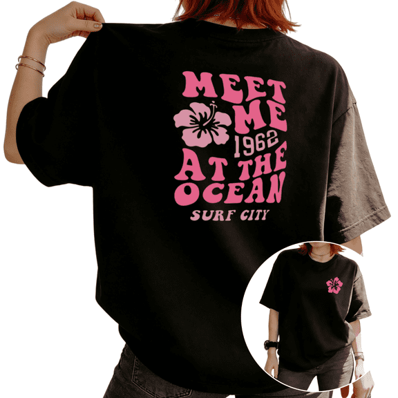 Women Meet Me At The Ocean Hibiscus Flower Graphic Tees T-Shirt Tops Round Neck Cotton T-Shirt Black S-5XL
