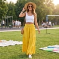 thumbnail image 6 of Womens Elegant Flowy Maxi Skirt Pleated Tiered Cotton Linen A-Line Elastic Waist Midi Skirt, 6 of 8