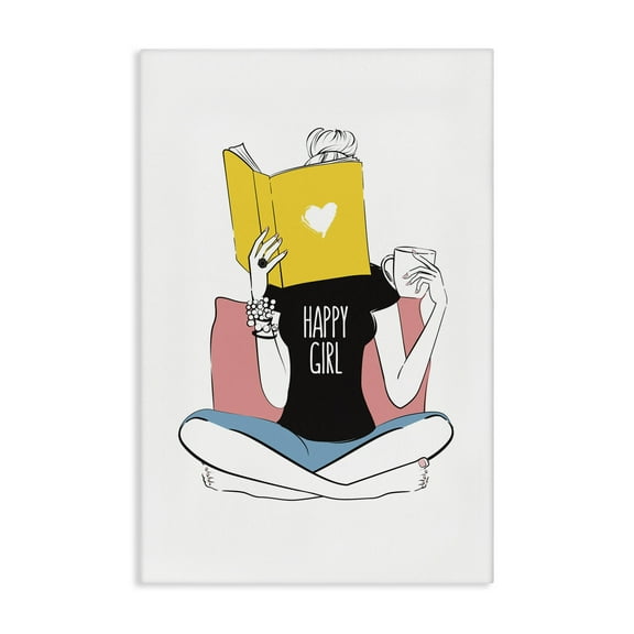 Stupell Industries Happy Reader Girl Novelty Painting Gallery Wrapped Canvas Art Print Wall Art, 16 x 24
