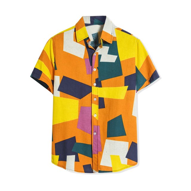 Unique Bargains Men's Irregular Geometric Short Sleeve Button Down Shirts Yellow S