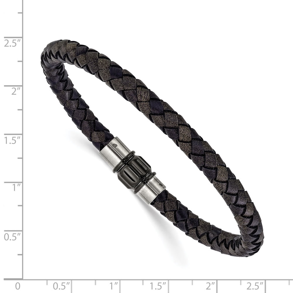 Diamond2Deal Stainless Steel Brushed and Polished Black Woven Leather Bracelet for Men 8.5"