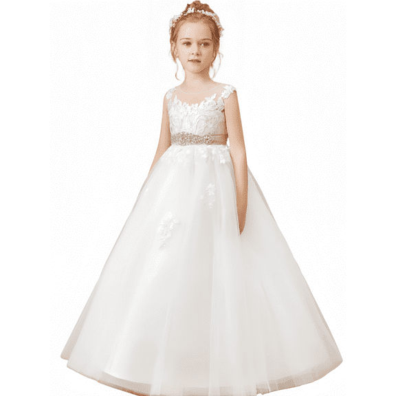 Tulle First Communion Dress Lace Appliques Flower Girl Dresses for Wedding Girls Pageant Ball Gown (Ivory 2 -3Years）