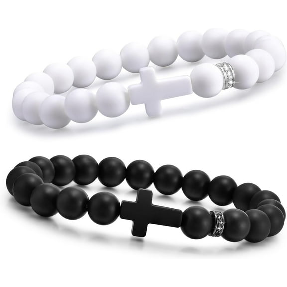 2 Pcs Silicone Cross Bracelet for Men : Comfort Black White Rubber Cross Beaded Silicone Men's bracelet Set Stretch Jesus Wristband, Gifts for Boys Son Teens