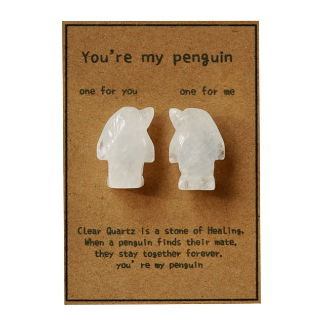 Matching Penguin Set with Greeting Card Natural Stone Carving for Couples Anniversary Wedding Gift Hand-Carved Rose Quartz Love Symbol Keepsake Romantic Present, Greeting Card *1