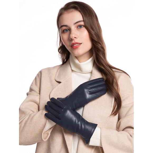 AmPm Leather Gloves Women Warm Winter Driving Glove Hull-Hand Black M