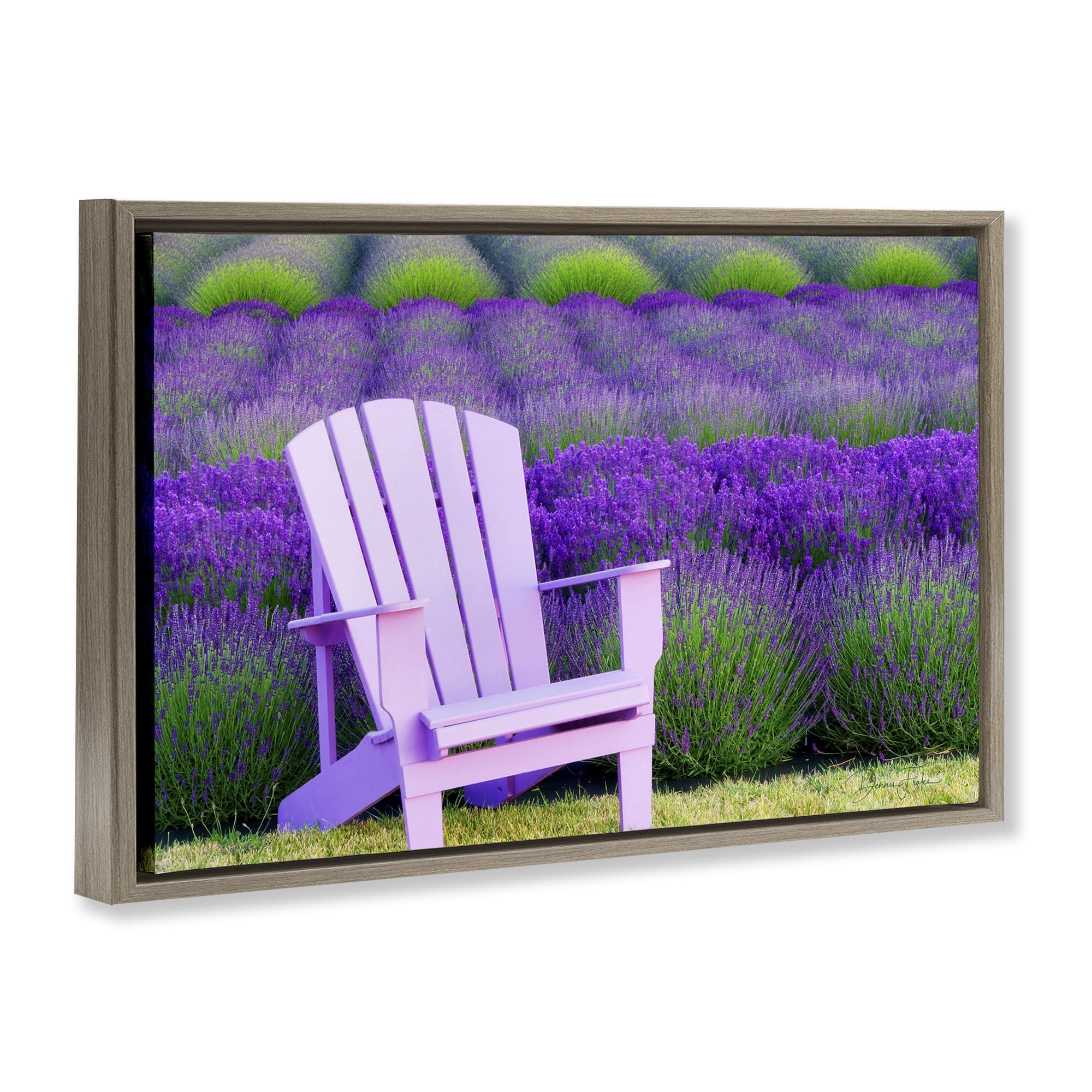 Stupell Industries Chair & Lavender Field Landscape & Nature Painting Brown Floater Framed Canvas Art Print Wall Art, 31 x 21