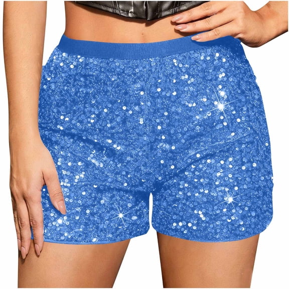 MaFYtyTPR Women's Sequins Shorts High Elastic Waist Straight Leg Solid Color Glitter Party Shorts A-Blue L