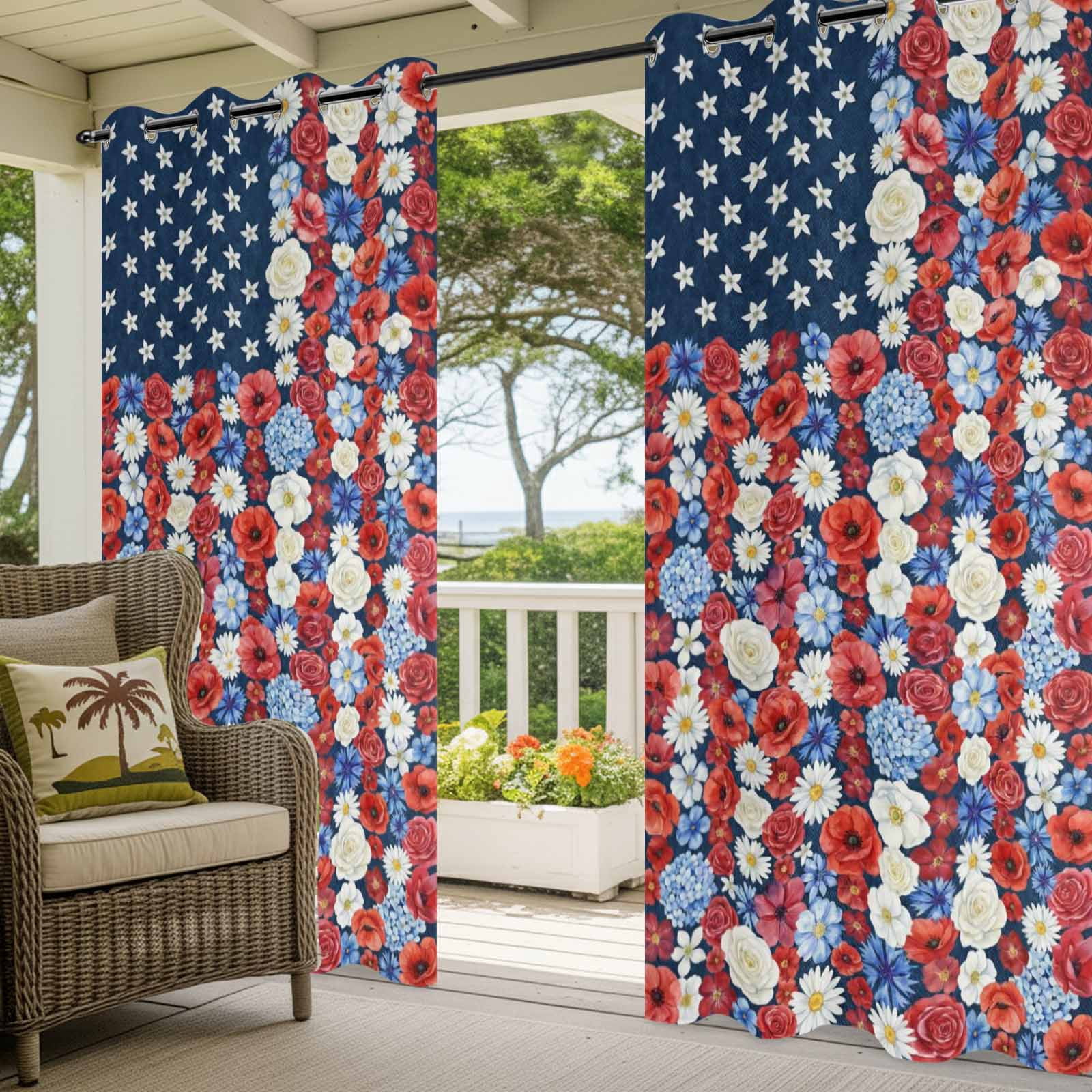 Independence Day Outdoor Curtains for Patio, Country U.S. Flag Theme Red Poppy Blue Flower Sunshade Privacy Drapes Grommet Waterproof Outside Curtains for Porch/Cabana/Balcony 54"x 108", 1 Panel