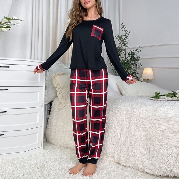 XINXIAOO Cozy Women's Two Piece Pajama Set With Long Sleeve Top And Checkered Pants Soft Housewear With Pockets For Autumn And Winter Silk Pajamas for Women Shorts Set Teenager Pajamas Women Pajamas