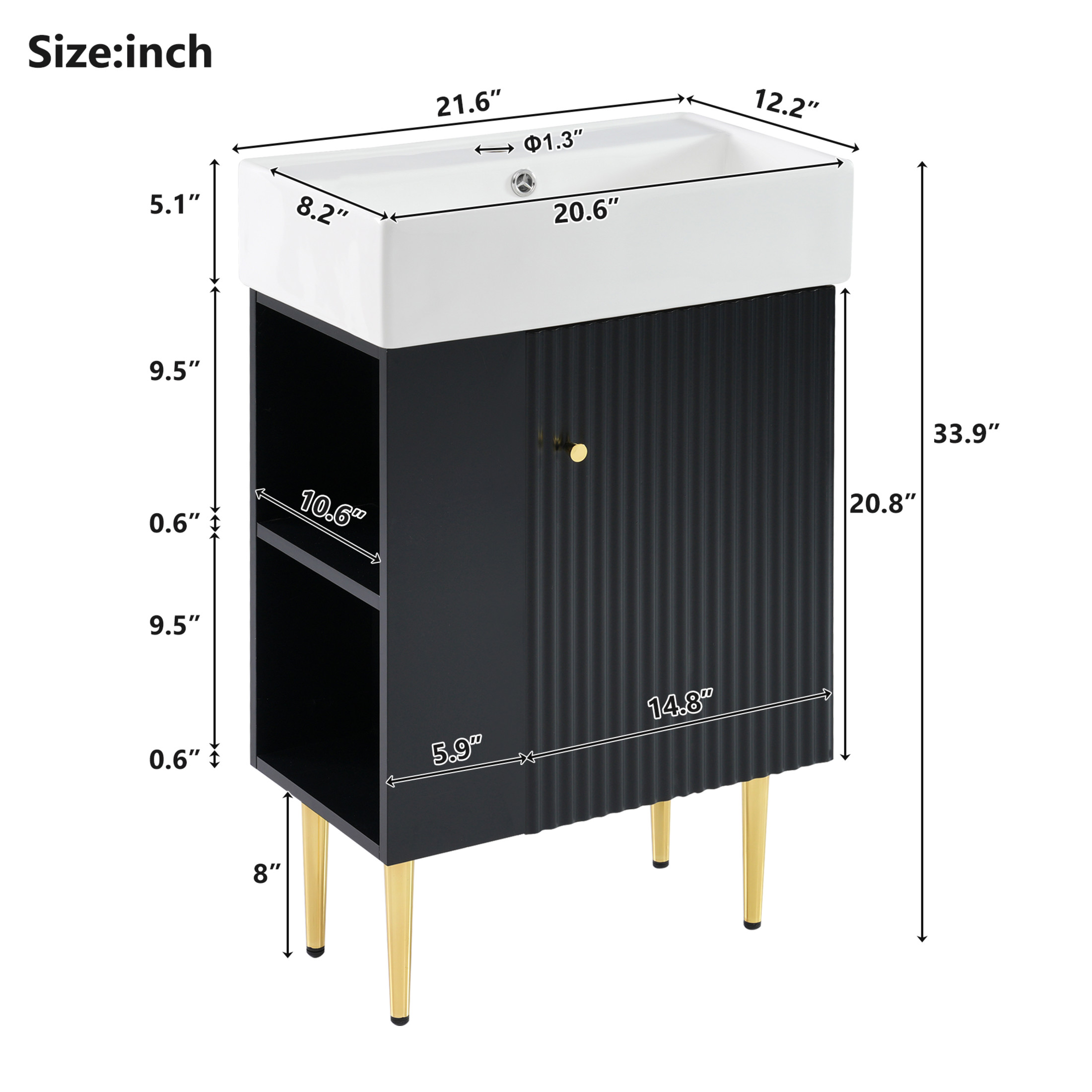 Noble House 21.6" Bathroom Vanity with Ceramic Sink, Left Side Storage Cabinet & Gold Metal Legs, Black