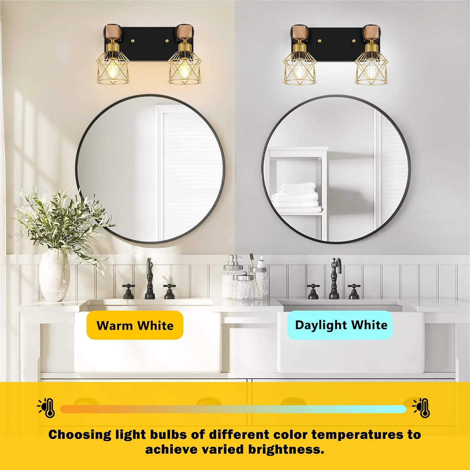 Wood Bathroom Wall Sconces 2-Light Black Gold Bathroom Vanity Light Fixtures with Metal Shade Light Fixtures Wall Mount for Living Room, Hallway, Dressing Table