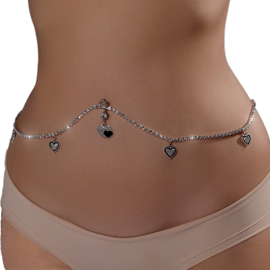 Navel Piercing Heart Waist Chain Rhinestone Belly Chains Belt Summer Beach Costume Crystal Body Jewelry for Women and Girls Silver Gold