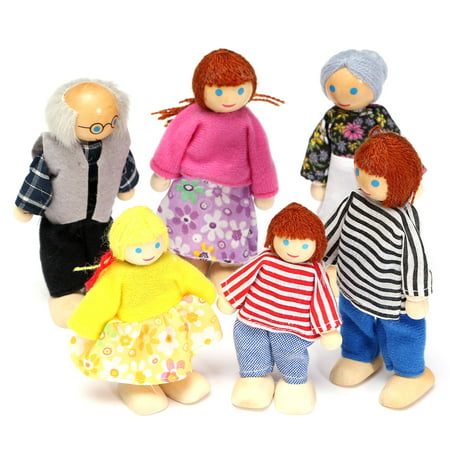 Asewin Funmily Poseable Happy Wooden Doll Family of 6 People Cute Dollhouse Accessories