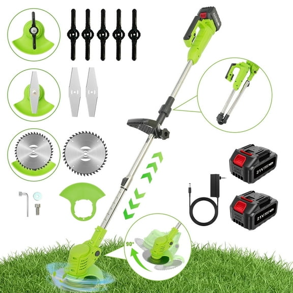 Electric Weed Wacker Cordless,12000RPM Foldable and Lightweight Grass Trimmer Brush Cutter,3 Types Blade 21V 3.0Ah Battery Powered for Yard,Green