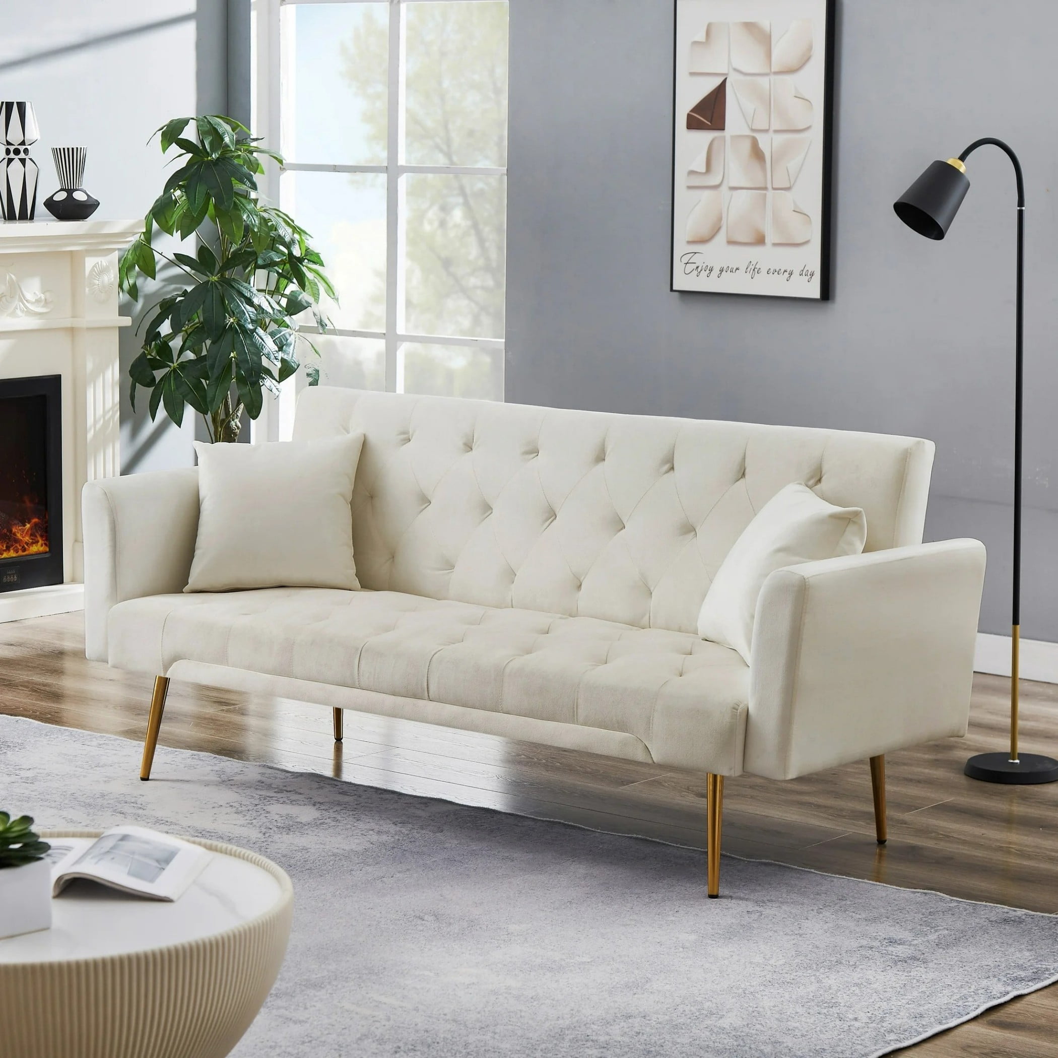 Leumius 71 Inches Velvet Futon Sofa Bed with 2 Pillows,Modern Convertible Futon Couch with Adjustable Backrest,Beige 02