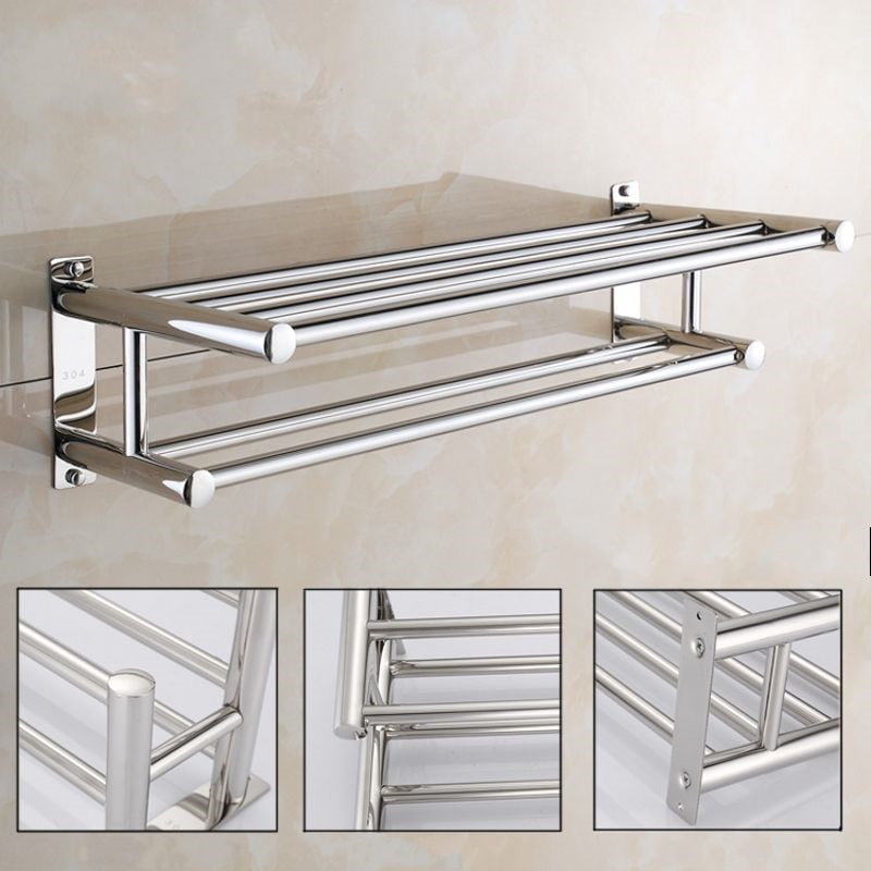 Stainless Steel Towel Rack Double Layer Rail Wall Mounted Bathroom Shelf Storage Clothes Holder Com - Wall Mounted Bathroom Shelf Unit Towel Rail Rack