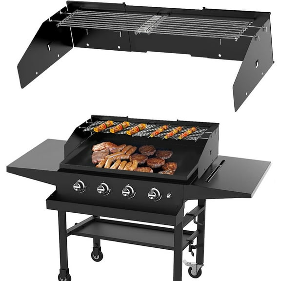 Universal Wind Guard and Warming Rack Set Fit for Griddle From 28" to 36" without a Hood, Wind Screen and Cooking Grid BBQ Grill Accessories for Griddle with Front Grease