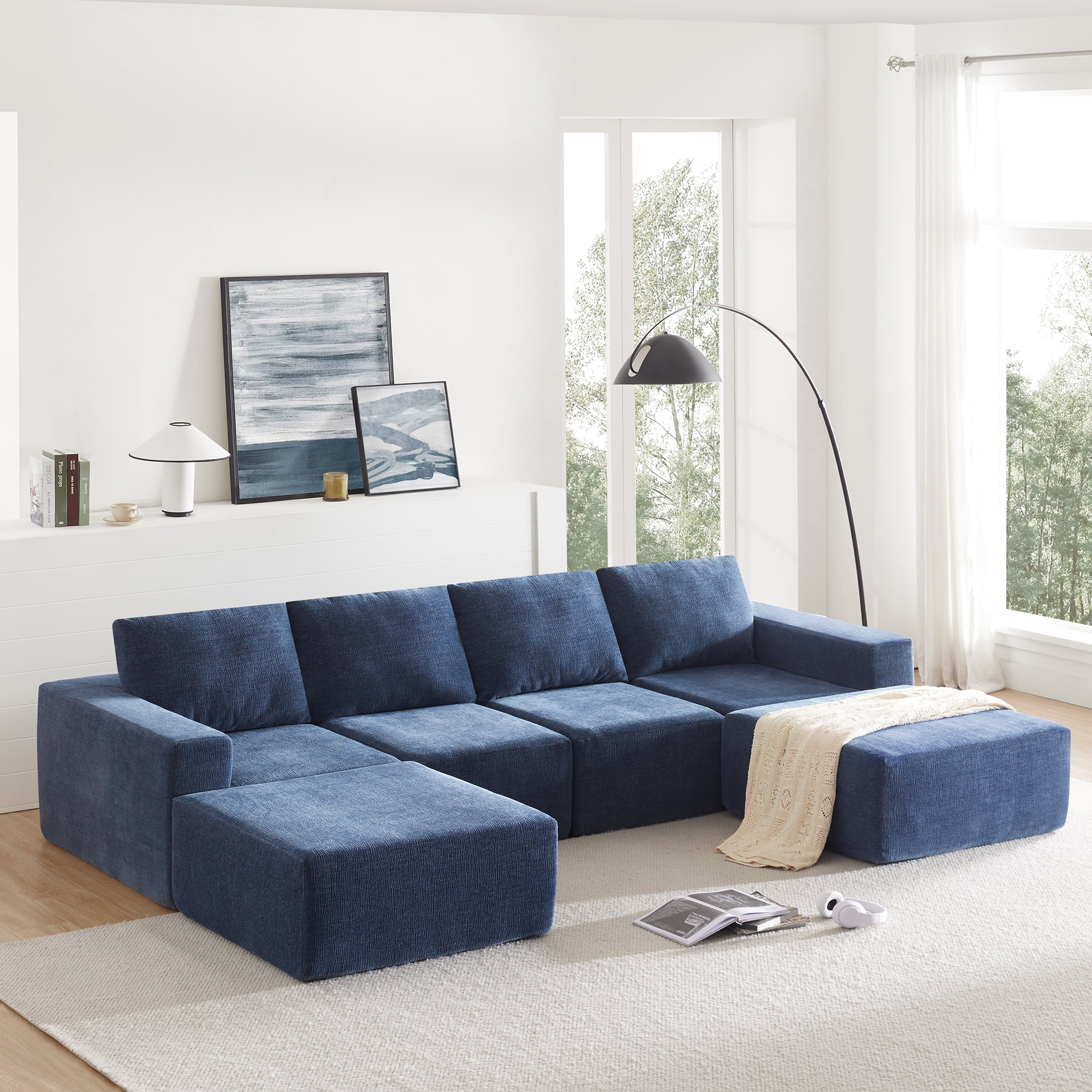 MAYEERTY 110x72" Modular U-Shaped Sectional Sofa - Luxury Chenille Floor Couch with Ottomans/Deep Seat, No Assembly for Living Room/Bedroom, 3 Colors