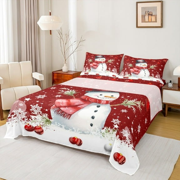 Homewish Kawaii Red Snowman 3pcs Twin Sheet Sets for Teens Boys Girls,Merry Christmas Twin Fitted Sheet,Xmas Snowflake Breathable Flat Sheet,Super Cozy Room Decor