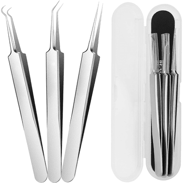 Blackhead Tweezers, Pimple Popper Tool Kit, Comedone Extractor, 3 in 1 Professional Stainless Skin Zit Acne Blemish Whitehead Popping Removing Surgical Tools Set, Silver