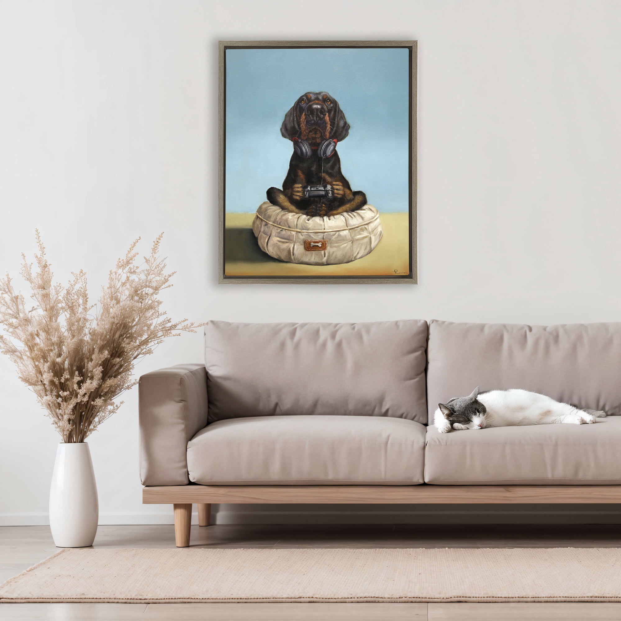 Stupell Industries Game Boy Playing Dog Brown Framed Floater Canvas Wall Art, design by Lucia Heffernan