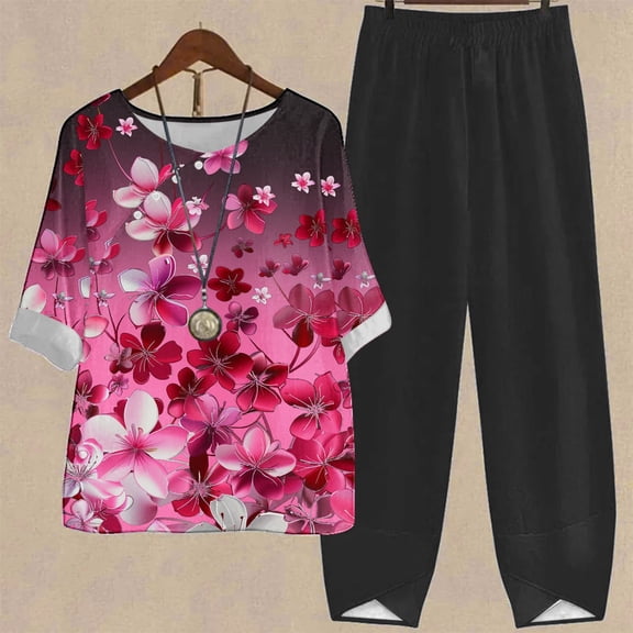 JURANMO Womens Sets 2 Piece Outfits Floral Print Boho Beach Summer Set Short Sleeve Crew Neck Drape Tops Tulip Hem Pants Lounge Outfit