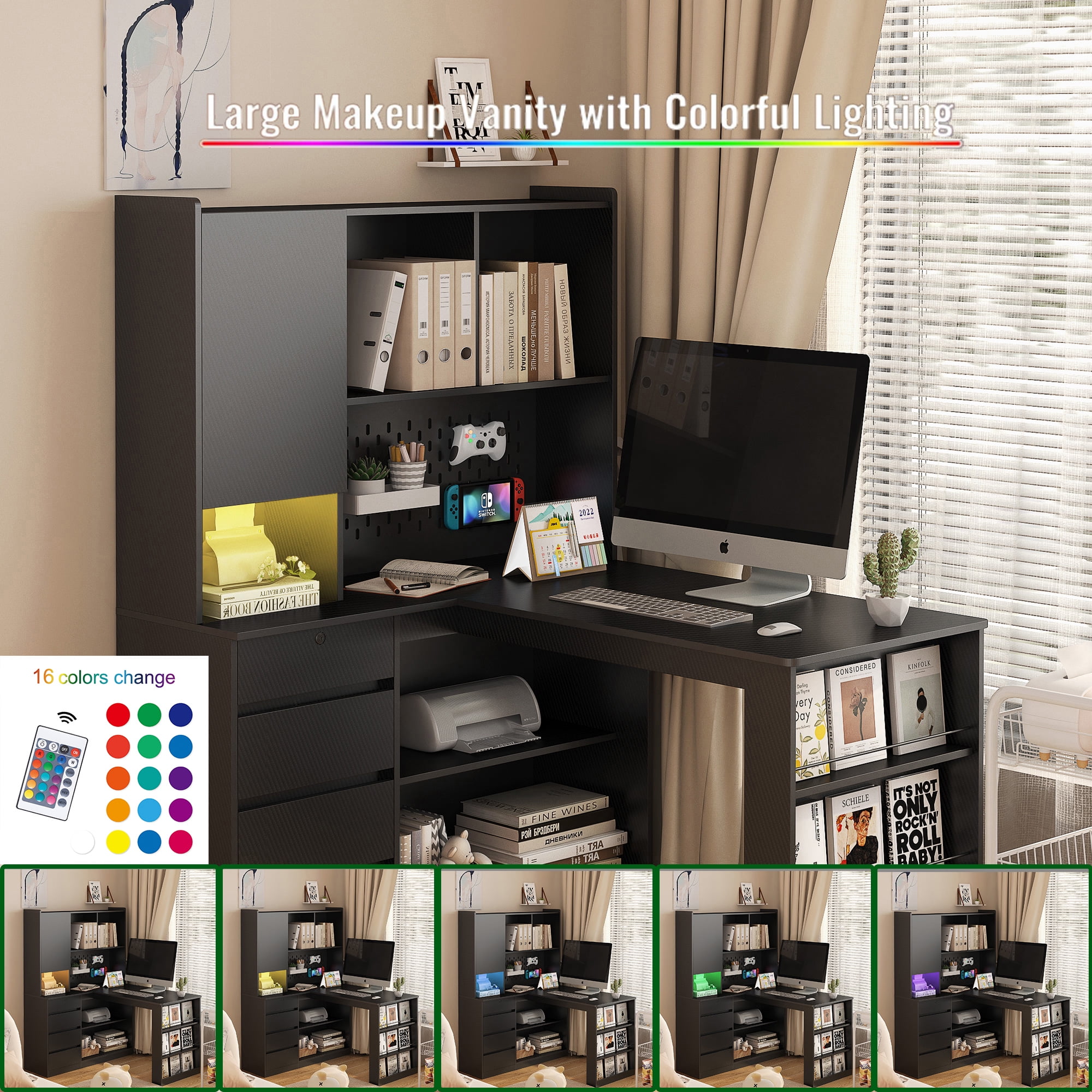 Royard Oaktree L Shaped Computer Desk with Power Outlets, LED Lights, Drawers, Bookshelf & Hutch