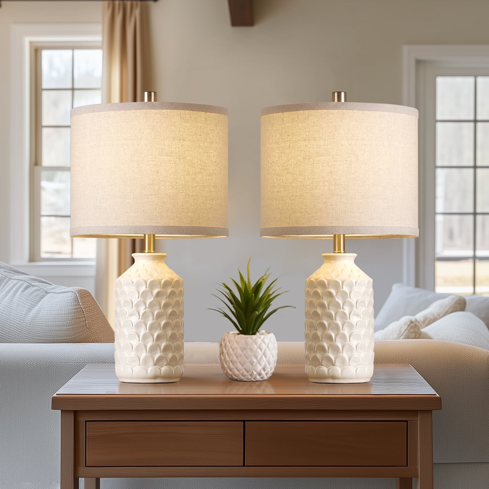 RORIA 21” Ceramic Table Lamps Set of 2,Modern White Bedside Lamps,Suitable for the Living Room or Bedroom Nightstands (Bulbs Included)